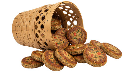 Isolated Appetizers spilling from wicker basket, veggie patties, cutlets, delicious looking