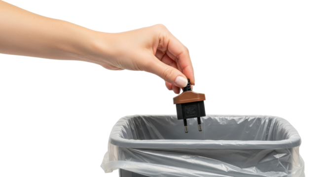 Isolated conceptual shot of obsolete electrical plug being discarded into garbage container