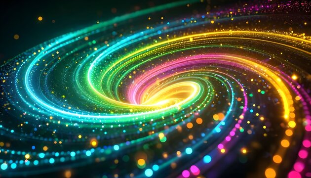 A vibrant and colorful spiral galaxy composed of glowing particles and swirling light.