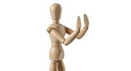 Isolated wooden dummy with raised hands expressing emotion, demonstration, or gesture