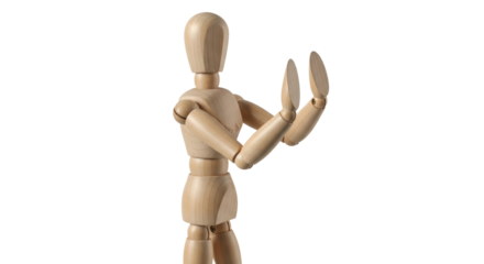 Isolated wooden dummy with raised hands expressing emotion, demonstration, or gesture