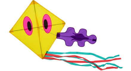 Isolated yellow kite with pink eyes, purple handle, and red and blue streamers aloft