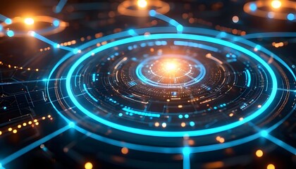 Abstract digital network with glowing blue and orange circuits, representing advanced technology and data flow.