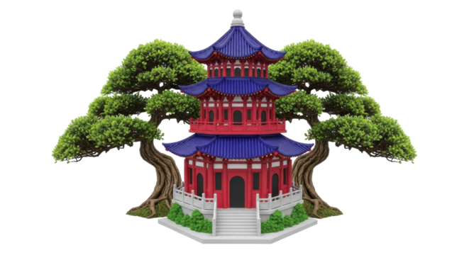 Isolated three-story pagoda with upturned eaves and trees, spiritual Asian tower temple