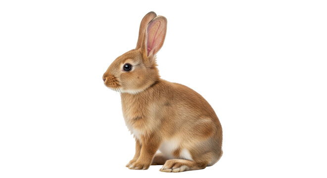 Isolated adorable tan rabbit looking left with long ears in sitting pose on seamless canvas
