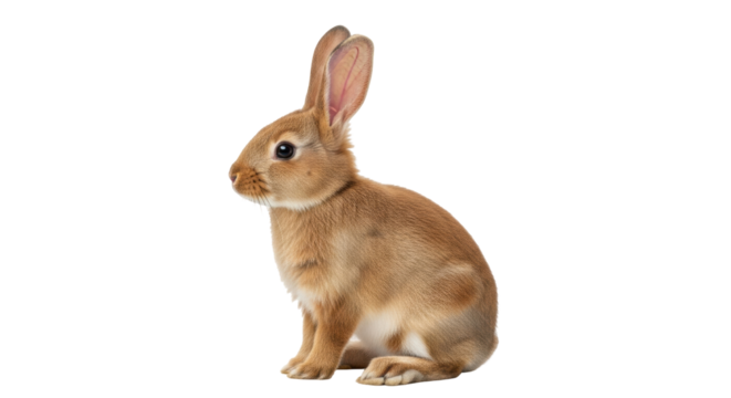 Isolated adorable tan rabbit looking left with long ears in sitting pose on seamless canvas