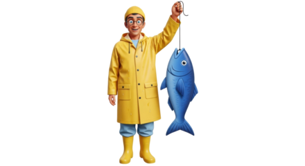 Isolated Fisherman holds big blue fish caught after fishing wearing rain gear and a happy expression