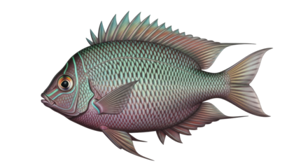 Isolated ornate tropical fish with iridescent scales and dramatic fins, no background