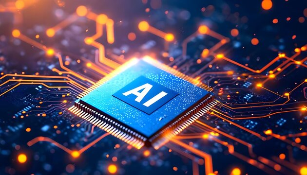 A glowing blue AI chip sits on a futuristic circuit board with illuminated orange pathways, symbolizing advanced artificial intelligence and computing technology.