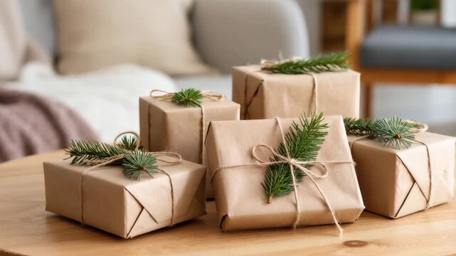 Eco-friendly gift boxes decorated with pine sprigs and tied with rustic twine, resting on wooden surface indoors. Minimalist Christmas wrapping. Natural and warm holiday style.