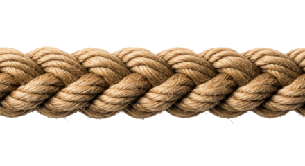 Isolated section of thick natural fiber rope, woven together, strong nautical brown twine cord