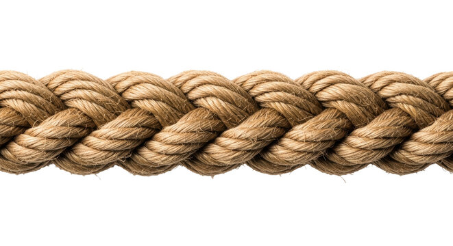 Isolated section of thick natural fiber rope, woven together, strong nautical brown twine cord