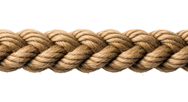 Isolated section of thick natural fiber rope, woven together, strong nautical brown twine cord