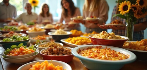 Friends enjoy potluck meal with diverse dishes on a table. Group shares homemade food at home party. Various salads appetizers casserole desserts, sunflowers on table at gathering.