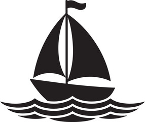 Black silhouette of a sailboat on stylized blue waves Keywords: sailboat, sailing, boat, ship, yacht, sea, ocean, water, waves, travel, vacation, holiday, summer, journey, adventure, transport