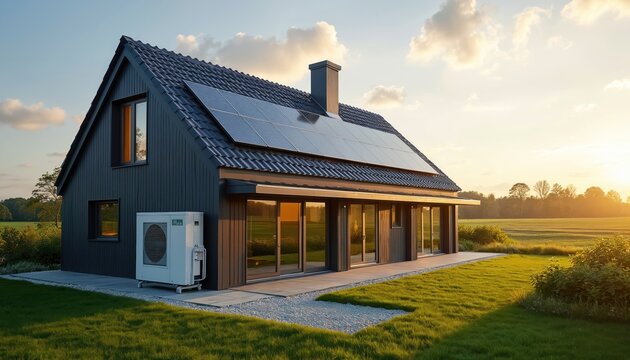 Modern house with solar panels on roof at sunset. Eco friendly home design with air source heat pump system near the building. Clean energy tech and sustainable lifestyle concept. - Powered by Adobe