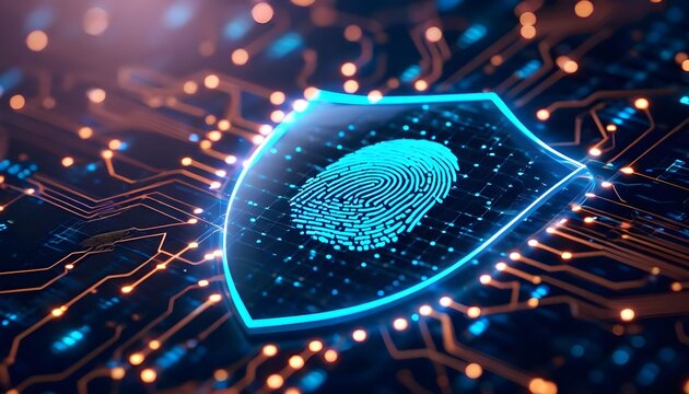 A glowing blue fingerprint inside a shield, superimposed on a circuit board, symbolizing digital security and biometric authentication.