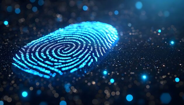 Digital fingerprint scan with blue light on a dark background.