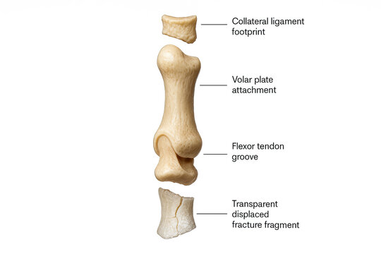 Medical illustration of a dislocated and fractured finger bone, highlighting anatomical landmarks