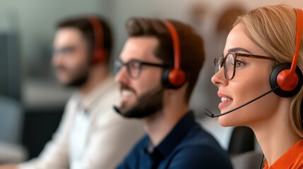 A focused team in a customer service center, wearing headsets, engaged in communication, showcasing professionalism and collaboration in a modern workspace.