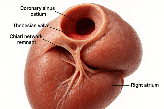 Anatomical illustration of the human heart's right atrium, coronary sinus ostium, Thebesian valve, and Chiari network remnant.
