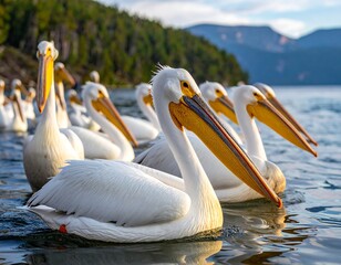 White pelicans on a lake at sunset