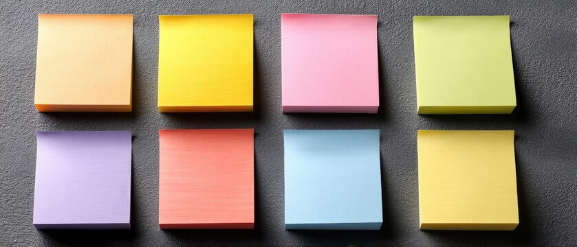 Colorful sticky notes arranged neatly on a black surface for organization and reminders in an office setting
