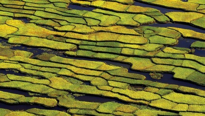 Aerial view of a vibrant patchwork of terraced rice paddies.