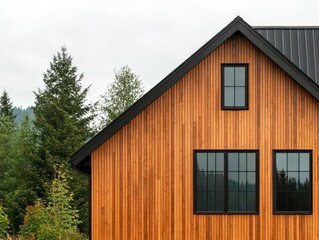 Modern rustic farmhouse exterior with black metal roof, vertical wood siding, and large windows