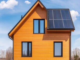 Ecofriendly modern farmhouse with solar panels, sustainable wood exterior, and glass walls