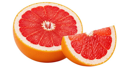 Isolated grapefruit slices showing juicy red pulp, citrus fruit for fresh healthy eating