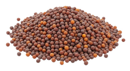 Isolated heap of brown mustard seeds, close-up view of a nutritious food ingredient grain