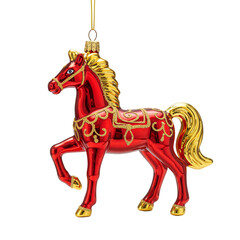 A vintage-style red and gold Dala horse ornament, a traditional Scandinavian tree decoration for festive holiday designs for Christmas. Transparent Background, Cutout