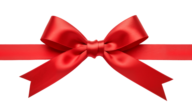 An elegant red satin bow on a ribbon, a classic decorative element for wrapping holiday presents and birthday gifts. Transparent Background, Cutout