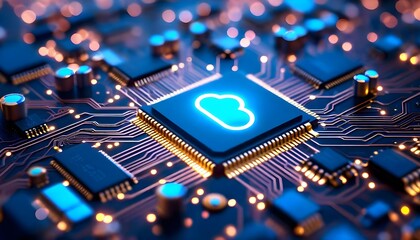 Cloud computing concept: A glowing cloud icon on a central processing unit.