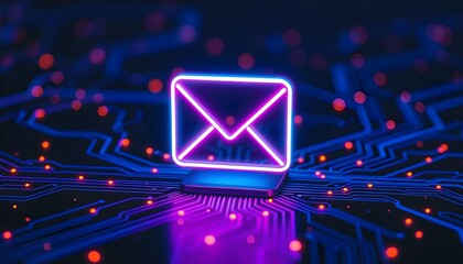 A glowing purple neon email icon symbolizing digital communication rests on a futuristic circuit board with blue and red lights.