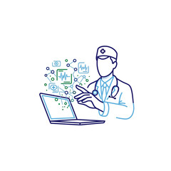 A line art illustration depicts a doctor engaging with a laptop, surrounded by interconnected digital health data and medical icons, symbolizing modern healthcare technology.