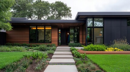 Sleek exterior with rustic charm featuring a timberandsteel mix and lush green landscaping