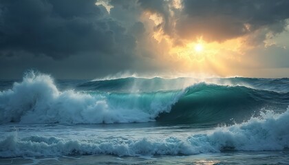 Naklejka premium Ocean waves crash under dark, dramatic sky. Sunlight breaks through clouds illuminating water. Sea landscape photo shows nature power. Stormy weather at the coast. Coastal background.