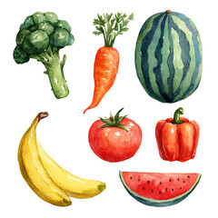 An EPS painting design, Vector illustration set, My Watercolor illustration, fruits and vegetables set painting isolated on a white background