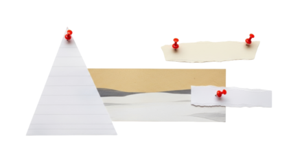 Isolated pieces of paper with landscape painting are pinned up with red pushpins