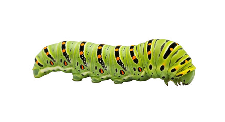Isolated green caterpillar, bright insect with unique orange and black spots on body © Leon