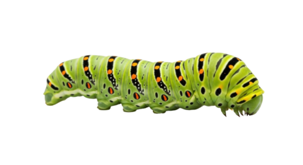 Isolated green caterpillar, bright insect with unique orange and black spots on body