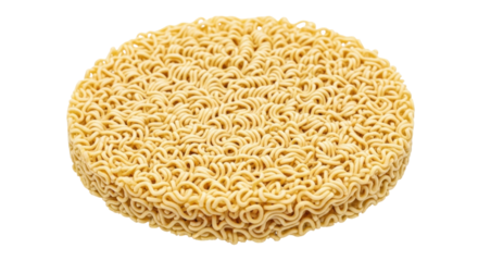 Isolated block of dried instant ramen noodles, a popular convenient food for quick meals
