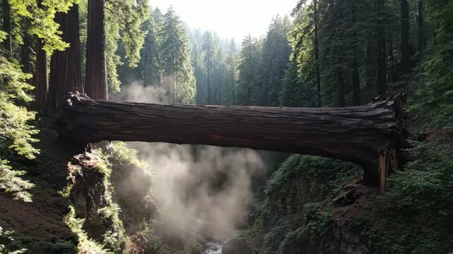 Fallen Tree Over River Canyon A Natural Forest Bridge in Sunlight