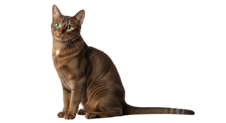 Isolated Abyssinian breed cat, sitting in a relaxed pose and looking to the left side