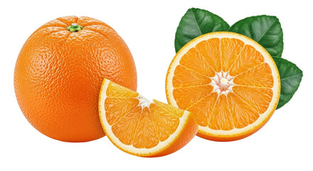 Isolated arrangement of ripe oranges with segment and lush leaves, healthy eating themes