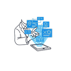 Doctor in lab coat interacting with a digital interface projected from a tablet, displaying medical data and security symbols.