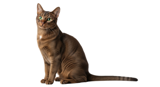 Isolated Abyssinian breed cat, sitting in a relaxed pose and looking to the left side