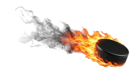 Isolated Hockey Puck Burning with Flames and Emitting Smoke on a Bright Surface
